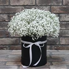 Цветочная композиция из Гипсофила в шляпной коробке в Нефтеюганске